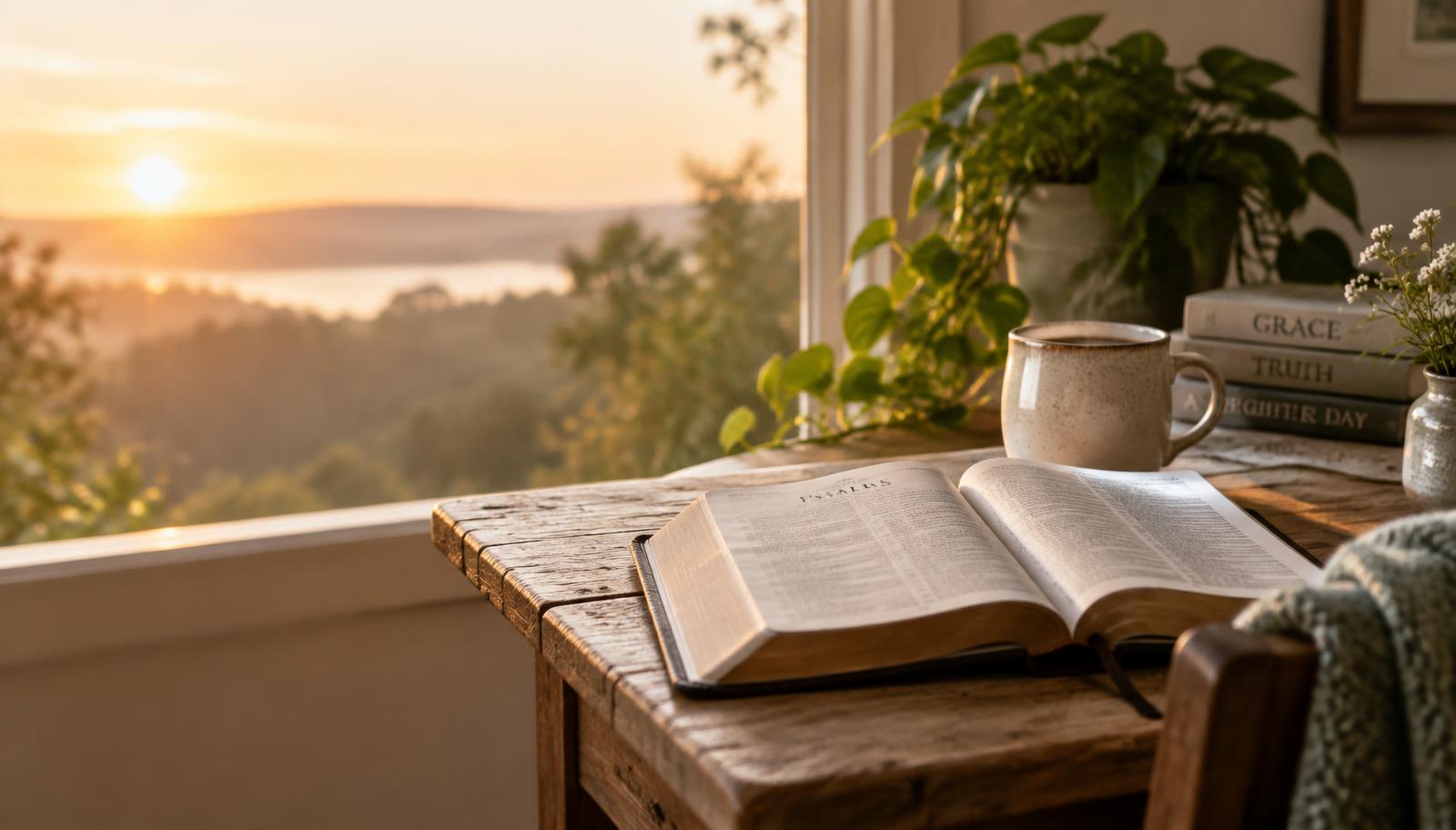 An open Bible and a cup of coffee on a wooden table in morning light